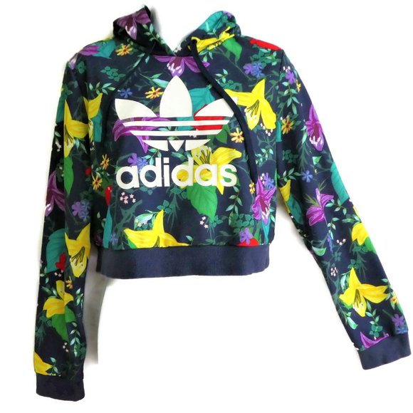 adidas Tops - Adidas Sweatshirt Hood Floral Crop Trefoil Navy Ribbed Knit Cuffs Waistband XS